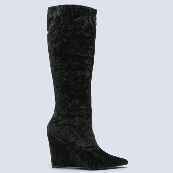 Velvet Pointed Toe Wedge Knee High Boot - Picture 3 of 7